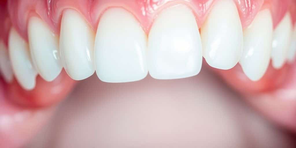 Healthy pink gums and white teeth close-up image.