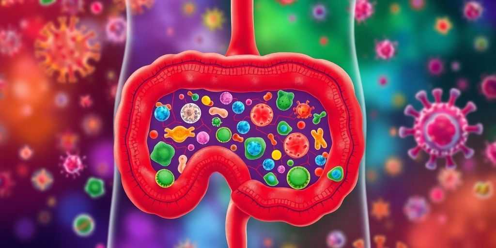 Colorful probiotics and immune cells in a healthy gut.