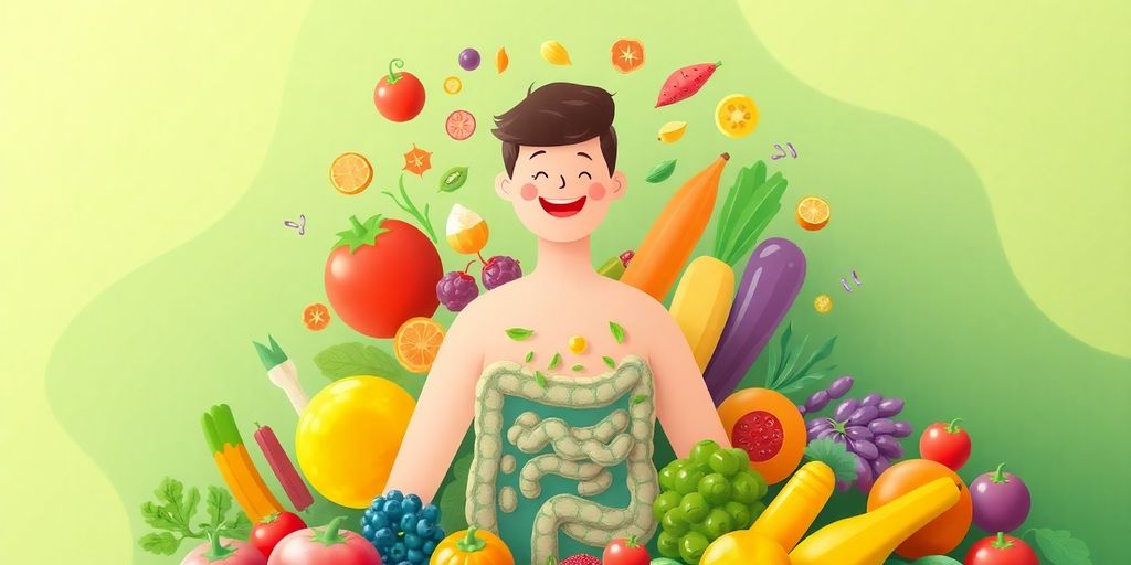 Colorful gut health with fruits and probiotics illustration.