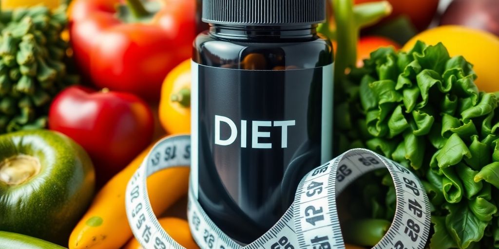 Sleek diet pill bottle with fresh fruits and measuring tape.