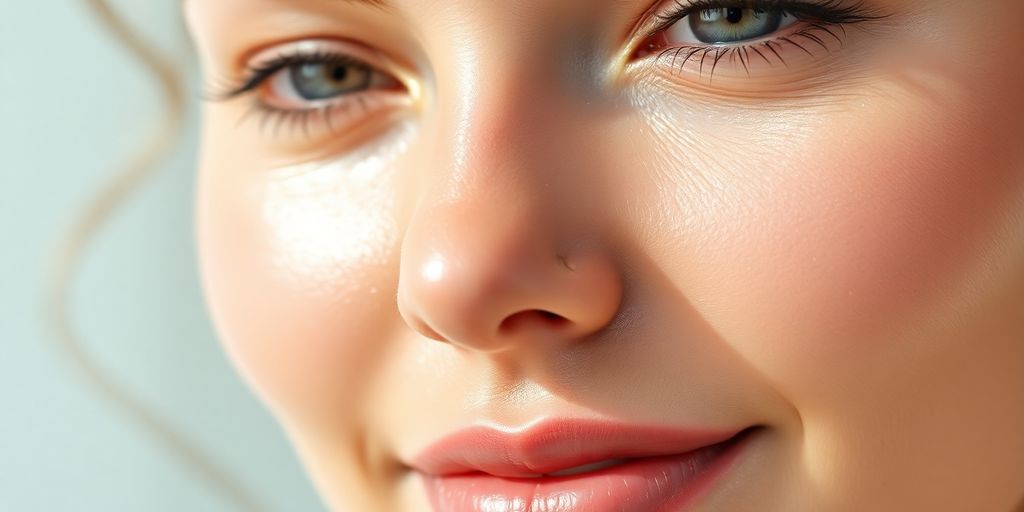Close-up of radiant, glowing skin with dewy freshness.