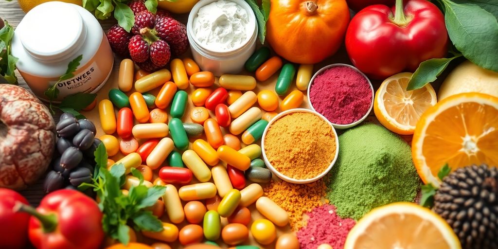 Colorful supplements with fruits and herbs for digestion.
