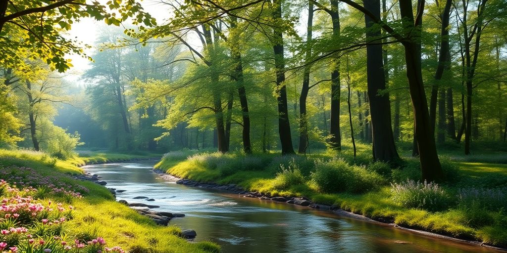 Serene forest scene with a flowing stream and flowers.