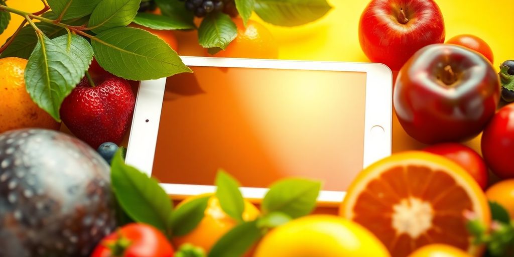 Colorful tablet with fruits and greenery for health.