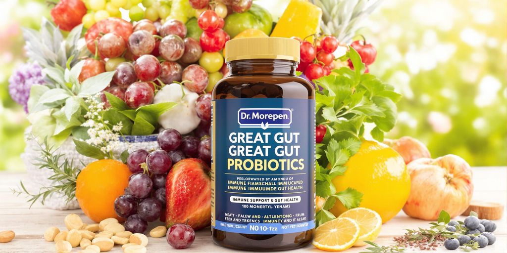 Probiotic bottle with fruits and vegetables for wellness.