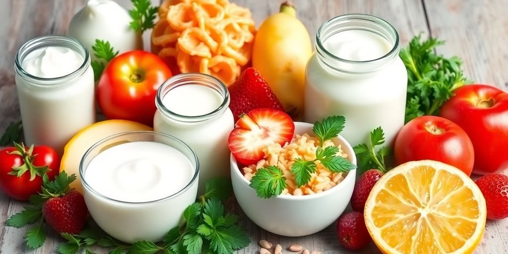 Probiotic foods like yogurt and sauerkraut on wooden table.