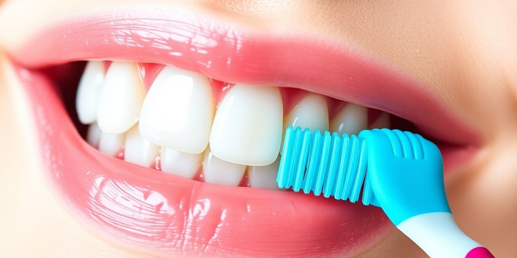 Healthy gums and teeth with toothbrush and dental floss.