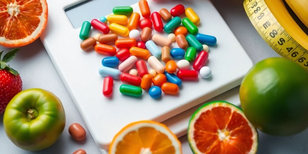 Colorful pills with fruits and measuring tape for weight loss.