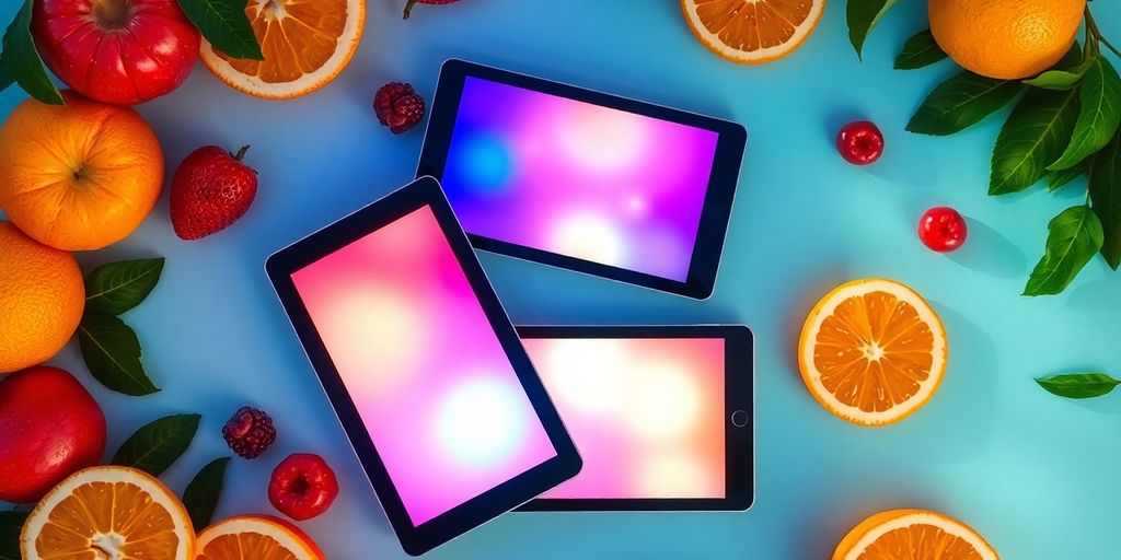 Colorful tablets with fruits and glowing skin elements.