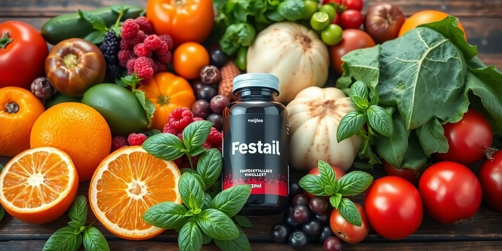 Colorful fruits, vegetables, and a dietary supplement bottle.