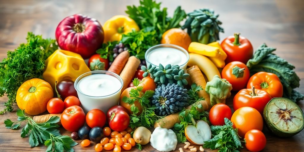 Fresh fruits and vegetables promoting digestive wellness.