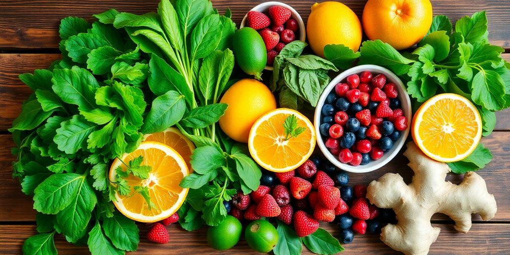 Colorful detox foods like greens, citrus, and berries.