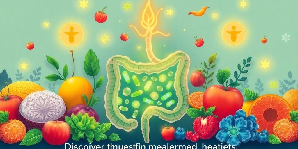 Illustration of a healthy gut with probiotics and fruits.