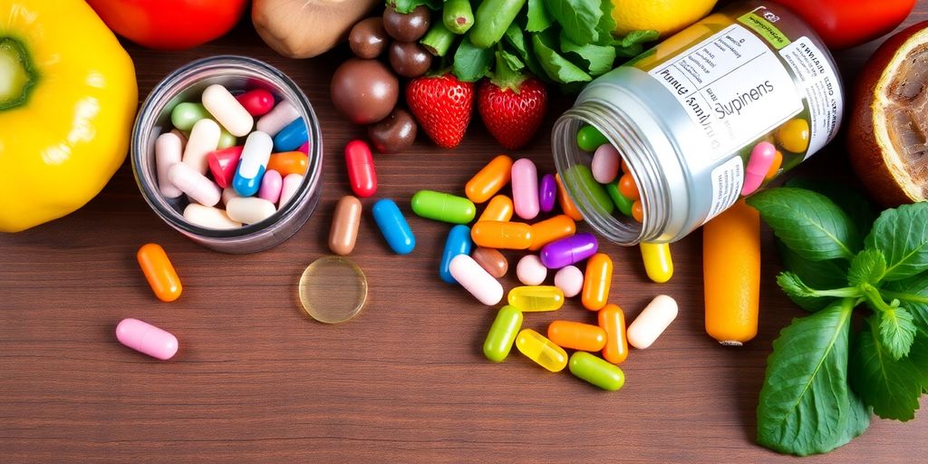 Colorful vitamins and fruits for immune system support.