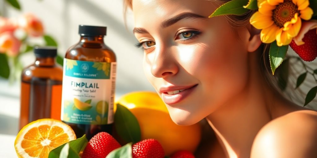 Healthy skin with supplements and fresh fruits, glowing radiance.