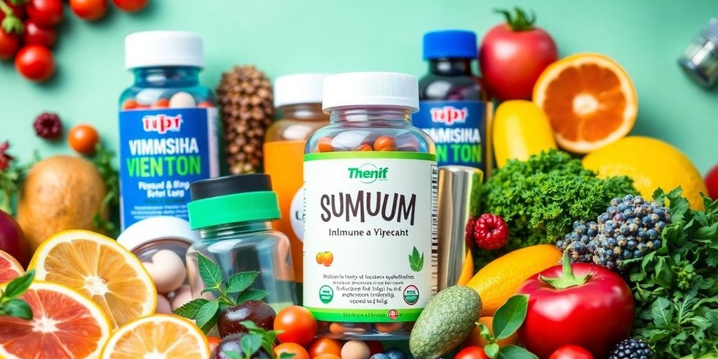 Colorful supplements with fresh fruits and vegetables for immunity.