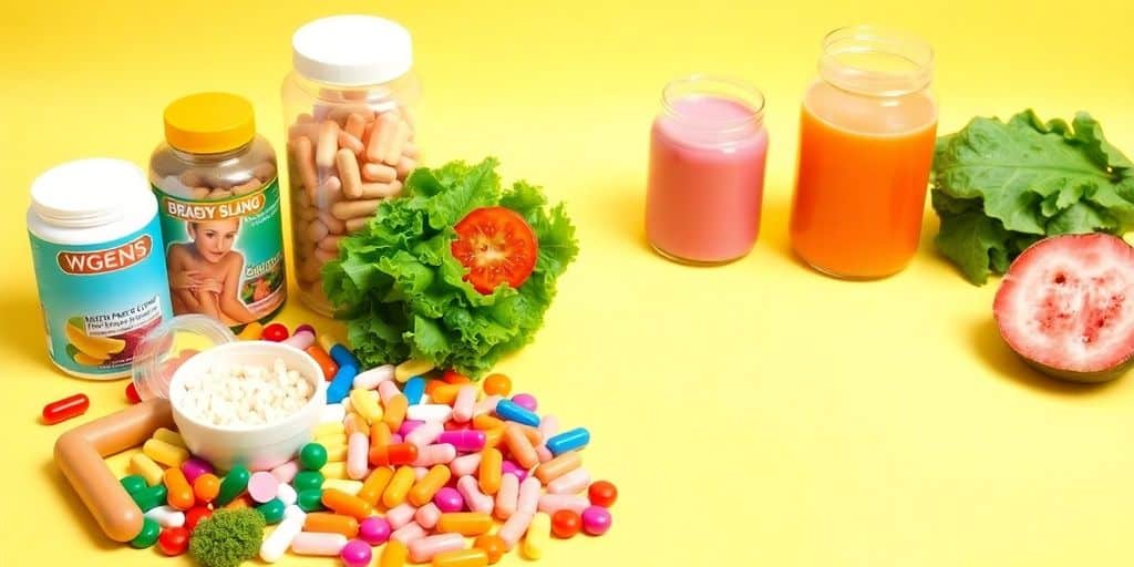 Colorful assortment of weight loss products and healthy foods.
