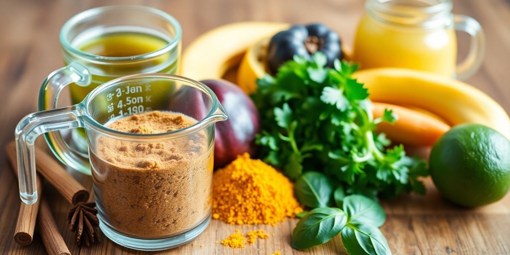 Fresh ingredients for natural blood sugar management remedy.
