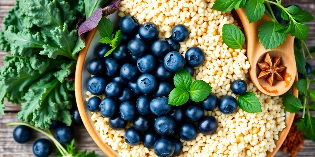Colorful superfoods arranged in a bowl for health.