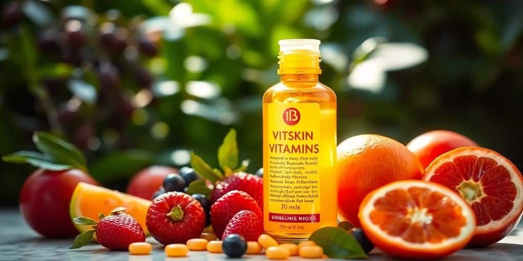 Vibrant vitamin bottle with fruits and greenery backdrop.