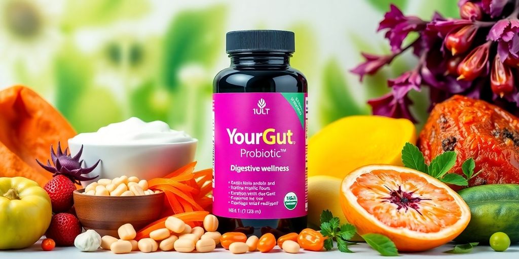 Assorted probiotic foods with YourGutPlus Probiotic bottle.