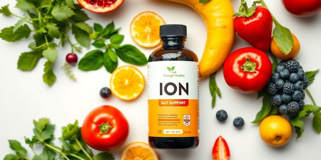 ION Gut Support with fresh fruits and herbs for wellness.