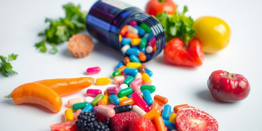 Colorful pills, fruits, and vegetables on a clean background.