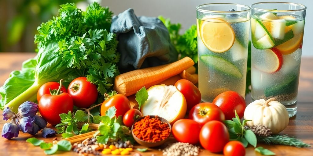 Colorful vegetables and herbs for lowering blood sugar.