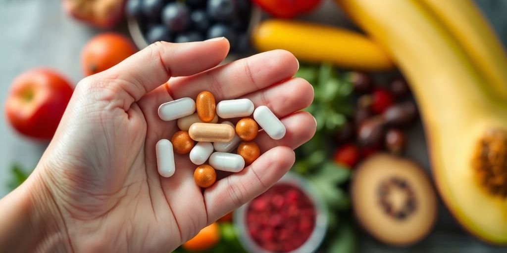 Hand holding fat eating pills with healthy foods in background.