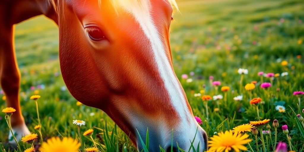 Healthy horse grazing in green grass with flowers.