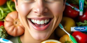 Smiling person with strong teeth and healthy foods around.