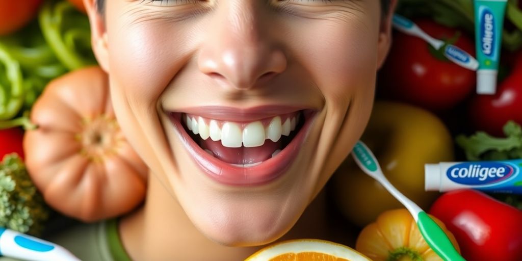 Smiling person with strong teeth and healthy foods around.