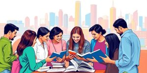 Group discussing knowledge with books and technology in city.