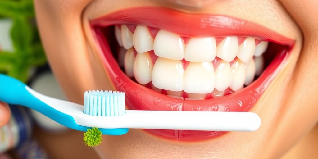 Bright smile with healthy gums and dental care products.