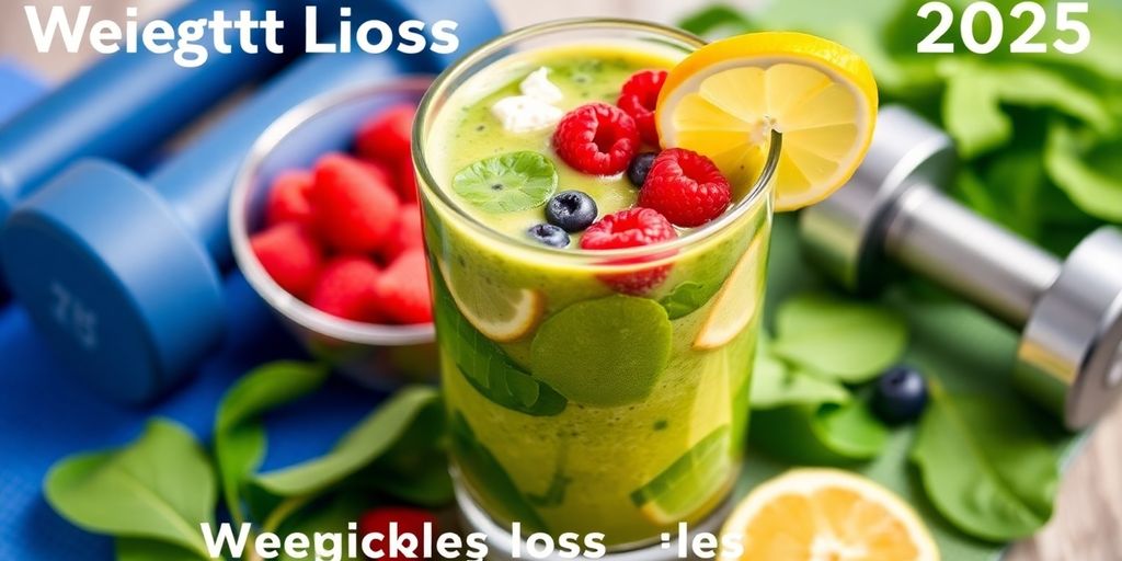 Colorful smoothie and fitness gear for weight loss.