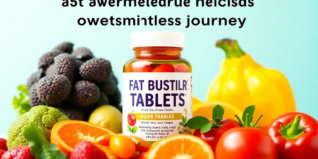 Colorful fat busting tablets with fresh fruits and vegetables.