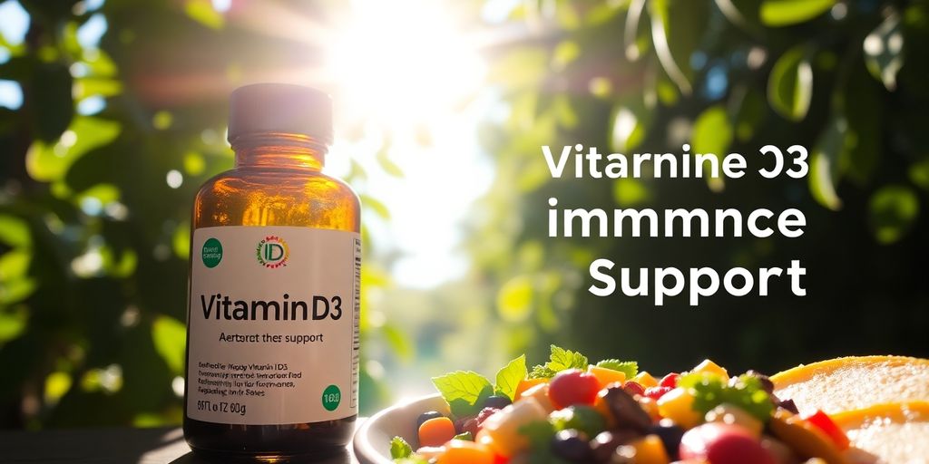 Sunlight, Vitamin D3 bottle, and nutritious food on a table.