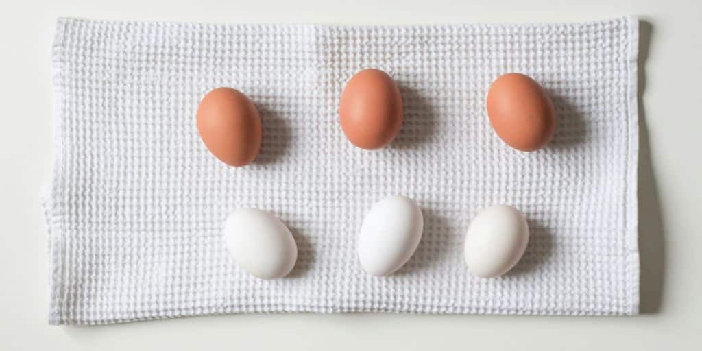 six white and brown eggs on white towel